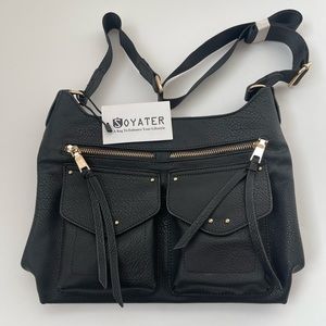 Soyater purse, shoulder bag. Black with gold accents and multiple pockets